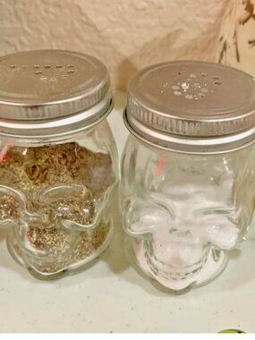 Skull SALT & PEPPER Glass SHAKERS With Handle Skeleton Halloween, Goth, Spooky
